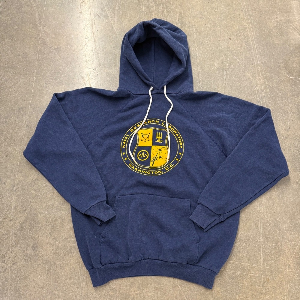 Vintage 80s Hanes Naval Research Laboratory Hoodie Navy Blue Mens Large USA Made